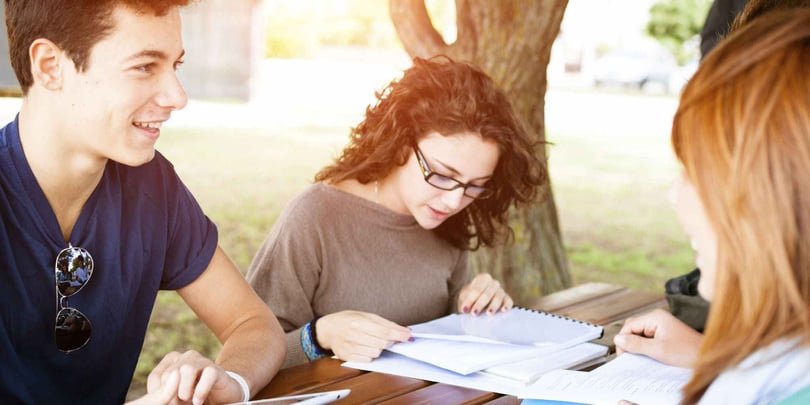 Grupo de estudiantes en un parque trabajando en proyectos y tareas escolares colaborativas.