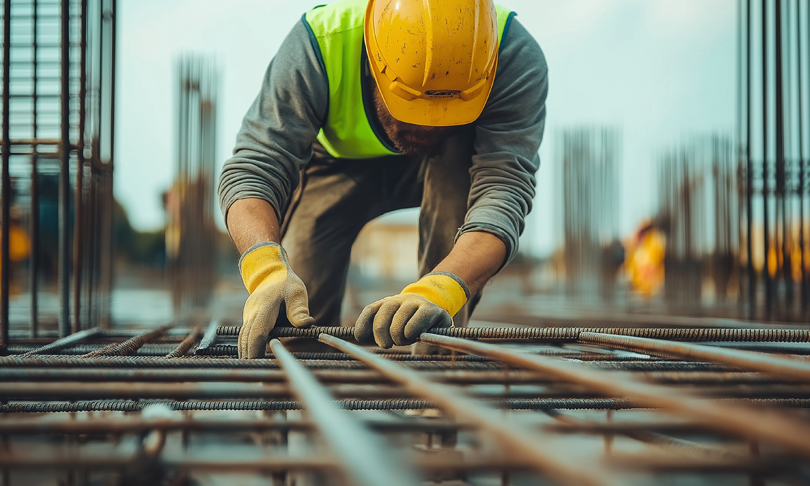 Trabajador en obra de construcción supervisando proyecto, equipado con casco y chaleco de seguridad