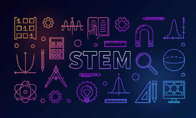 Banner colorido estilo ilustración con íconos de ciencia, tecnología, ingeniería y matemáticas (STEM), representando la importancia de las habilidades STEM en la educación y el nearshoring.