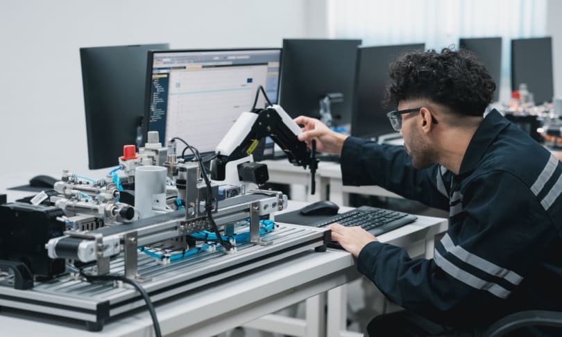 Joven ingeniero mecánico operando simulador y equipo de automatización en laboratorio universitario.