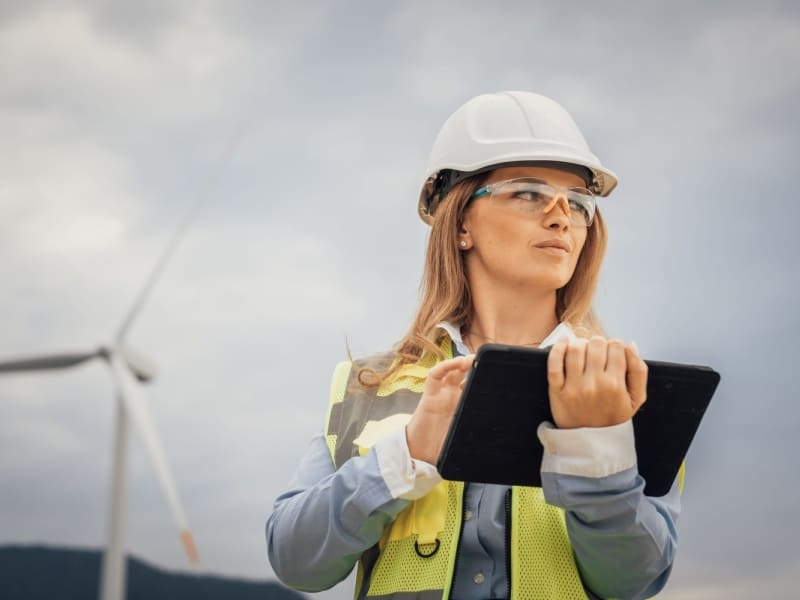 Ingeniera ambiental inspeccionando parque eólico y aplicando energías renovables para disminuir huella de carbono.