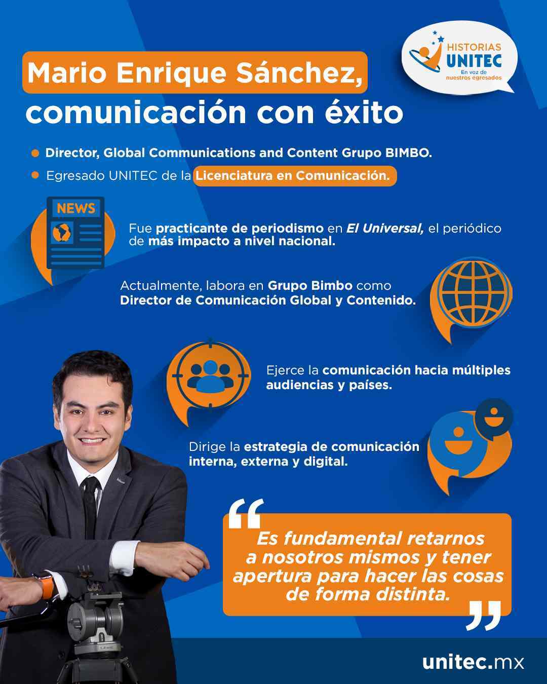 Trayectoria profesional de Mario Enrique Sánchez, egresado de la Licenciatura en Comunicación de UNITEC, desde su formación universitaria hasta su desarrollo profesional actual.