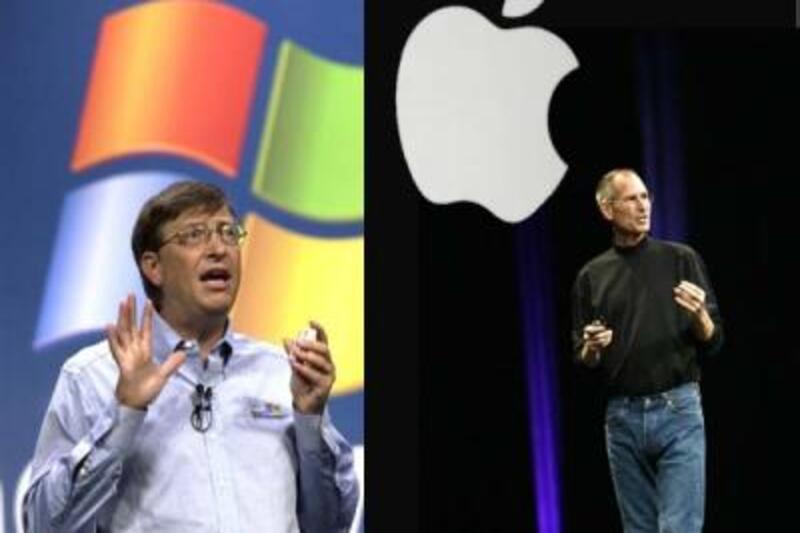 Collage de dos imagenes de conferencia de microsoft y apple